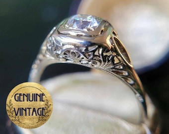 Vintage & Antique 1930s Art Deco Edwardian 0.43 Carat Weight Old European Cut Diamond Engagement Ring in 14K White Gold | TheIdolsEye