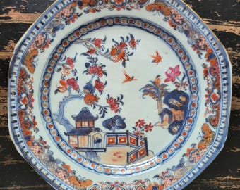 Antique 1700s Chinese Export Qing Dynasty Qianlong Famille Rose Imari Style Octagonal Porcelain Plate Hand Painted Engagement Gift