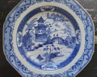 Antique 1700s Qianlong Chinese Export Blue White Nanking Octagonal Porcelain Bowl Plate Pagoda Willow