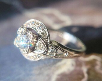 Vintage & Antique 1930s Art Deco Edwardian 0.51 Carat Total Weight Old European Cut Diamond Engagement Ring in Platinum | TheIdolsEye