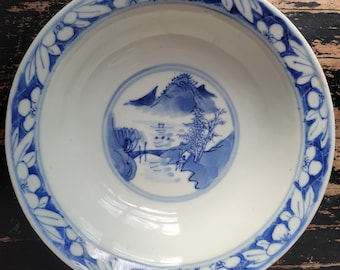Antique 1800s Chinese Qing Dynasty Blue & White Sanxing Fu Lu Shou Footed Porcelain Bowl Guangxu Period 福祿壽  Engagement Gift