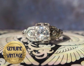 Vintage & Antique 1920s Art Deco Edwardian 0.73 Carat Total Weight Old European Cut Diamond Engagement Ring in Platinum | TheIdolsEye