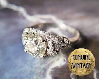 Vintage & Antique 1920s Art Deco Edwardian 2.48 Carat Total Weight Old European Cut Diamond Engagement Ring in Platinum | TheIdolsEye