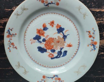 Antique 1700s Qing Dynasty Qianlong Period Chinese Export Imari Porcelain Plate with Hand Painted Flowers Engagement Gift