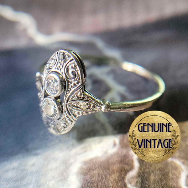 Anillo de compromiso de diamantes de talla antigua de peso total de 0,21 quilates, estilo eduardiano art déco vintage y antiguo de la década de 1920 en oro blanco de 14 k / TheIdolsEye