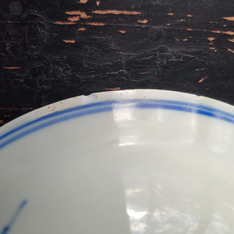 May include: Close-up of a white ceramic bowl with a blue stripe around the rim. The bowl has a glossy finish and a small chip on the edge. The background is a dark, textured surface.
