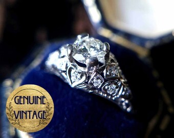 Vintage & Antique 1930s Art Deco Edwardian 0.71 Carat Total Weight Old Cut Diamond Engagement Ring in Platinum | TheIdolsEye