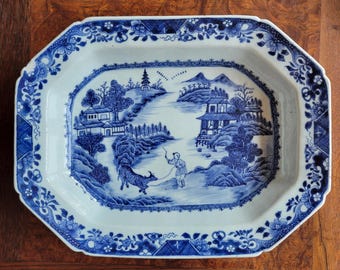 Antique 1700s Chinese Export Qing Dynasty Qianlong Blue & White Octagonal Platter Underplate with Shepherd Boy and Cow