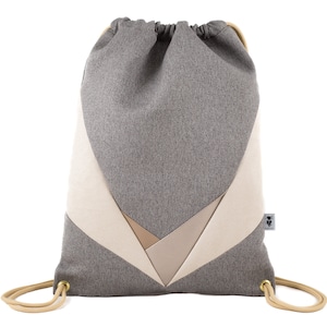 Turnbeutel Canvas Dreiecke Beige mit Reißverschlusstasche, wasserabweisend, Turnbeutel-Rucksack geometrisch, vegan
