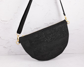 Moon Bag Cork Black - half moon bag - round handbag with zipper pocket