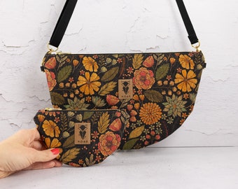 Moon Bag Kork Flower - Halbmondtasche - runde Handtasche mit Reißverschlusstasche