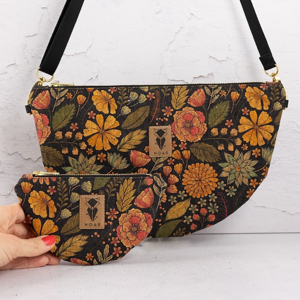 Moon Bag Kork Flower - Halbmondtasche - runde Handtasche mit Reißverschlusstasche