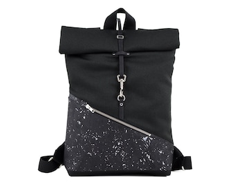 Rolltop backpack Cork Black Silver Canvas Black Small with secret compartment for valuables