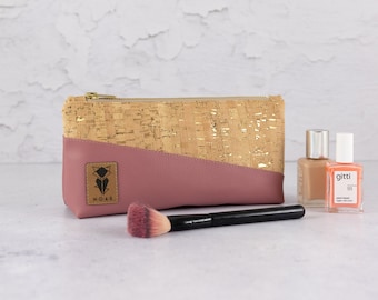 Cork natural gold old pink cosmetic bag pencil case