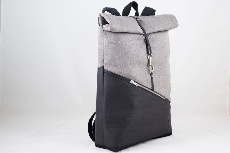 Roller backpack Large Cork Black Canvas light grey laptop backpack vegan backpack ladies and gentlemen unisex