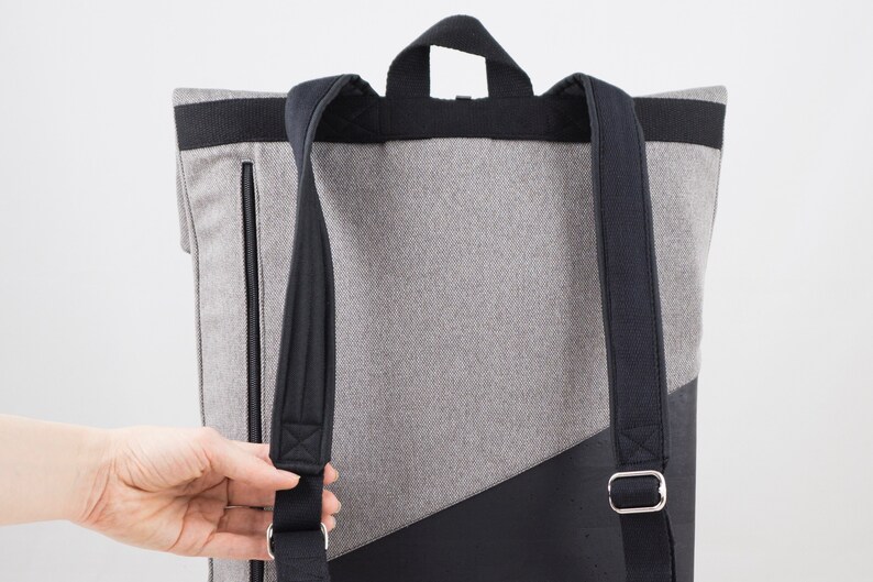 Roller backpack Large Cork Black Canvas light grey laptop backpack vegan backpack ladies and gentlemen unisex