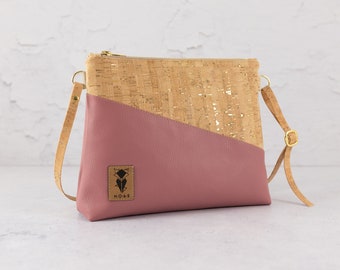 Handbag cork natural gold old pink with zip pocket