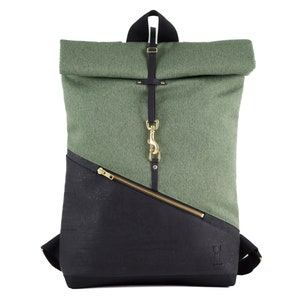 Rolltop Rucksack Kork Schwarz Canvas Waldgrün Klein mit Geheimfach für Wertsachen