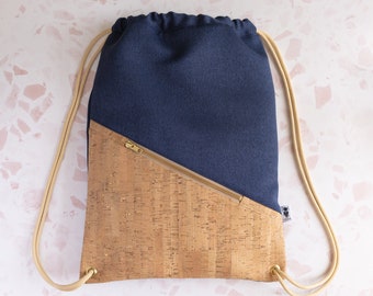 Gym bag cork gold natural canvas blue with slanted zip pocket