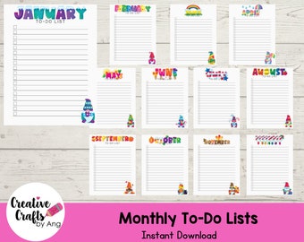 Monthly To-Do Lists| Printable Lists | Printable Kids To-Do List | Cute To-Do List | Watercolor Clipart