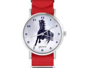 Montre Yenoo - Cheval noir - rouge