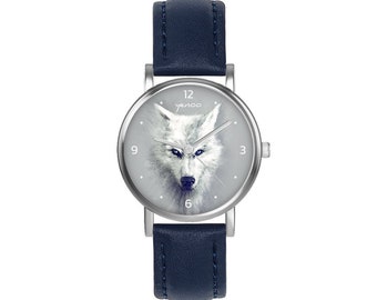 Kleine Uhr – Weißer Wolf – Leder, Marineblau