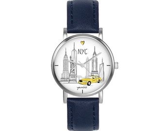Zegarek mały - New York - skórzany, granatowy