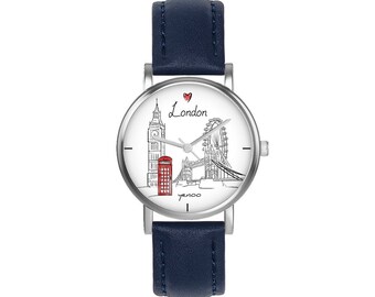 Kleine Uhr – London – Leder, Marineblau