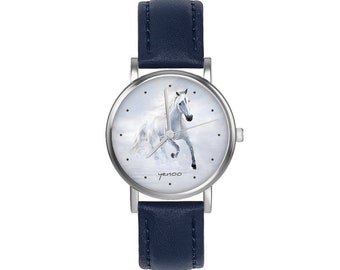 Petite montre - Cheval blanc, courant - cuir, bleu marine