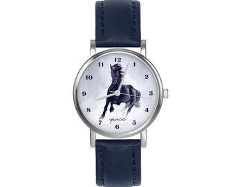 Petite montre - Cheval noir - cuir, bleu marine