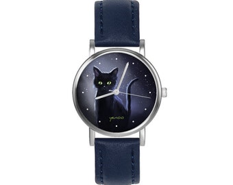 Petite montre - Chat noir, nuit - cuir, bleu marine