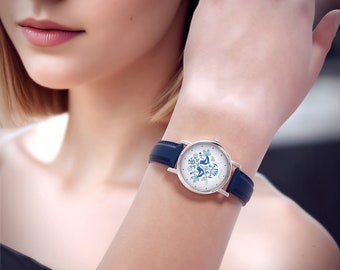 Small watch - Ptaszki folk blue - leather, navy blue