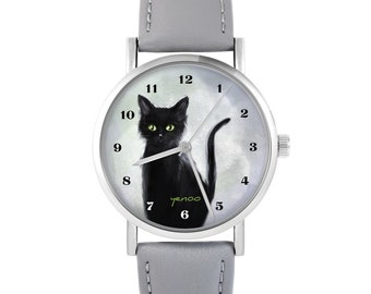 Yenoo Watch - Black cat - grey, leather