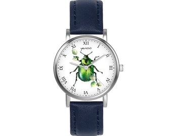 Small watch - Green Beetle - leather, navy blue