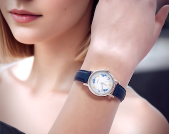 Petite montre - Couronne, papillons - cuir, bleu marine