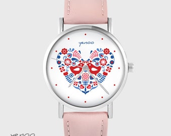 Zegarek yenoo - Folkowe ptaszki - różowy