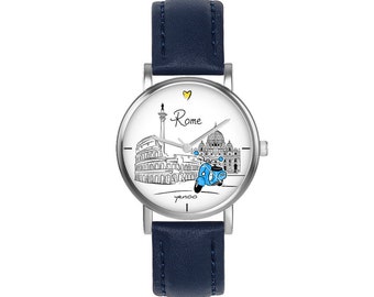 Small watch - Rome - leather, navy blue