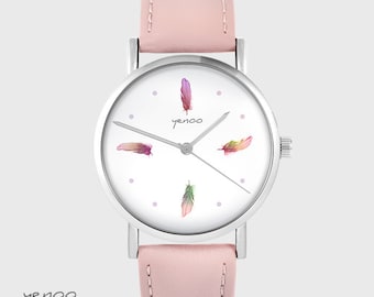 Montre Yenoo - Plumes colorées, rose poudré