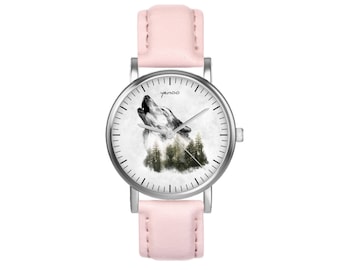 Petite montre - Loup - cuir, rose poudré