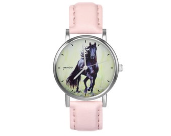 Petite montre - Cheval noir, peint - cuir, rose poudré