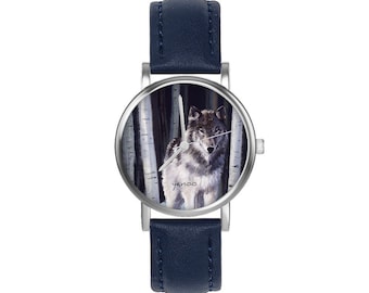 Petite montre - Loup gris - cuir, bleu marine