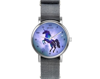 Zegarek mały - Jednorożec - szary, nylonowy
