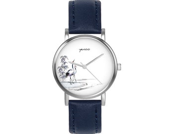 Kleine Uhr – Sumi-e-Kraniche – Leder, Marineblau