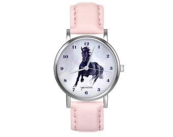 Petite montre - Cheval noir - cuir, rose poudré