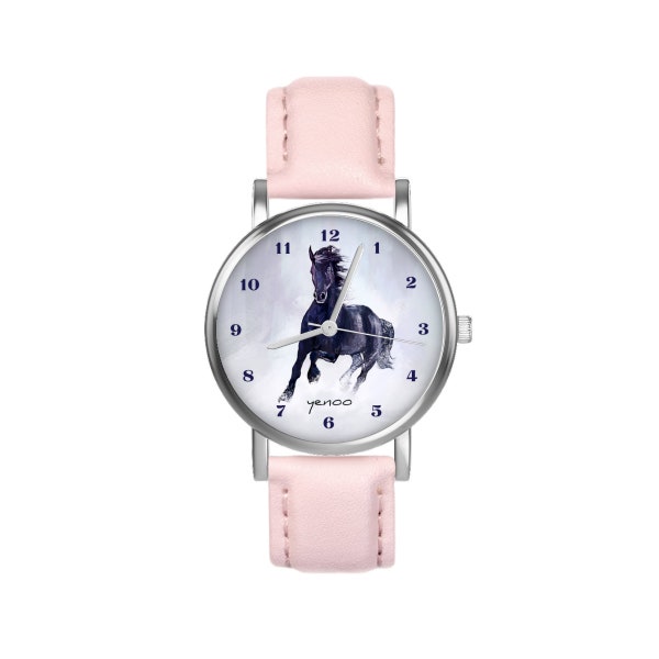 Petite montre - Cheval noir - cuir, rose poudré