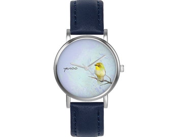 Petite montre - Oiseau jaune - cuir, bleu marine