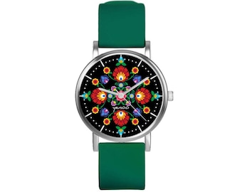 Zegarek mały - Mandala folkowa - silikonowy, zielony