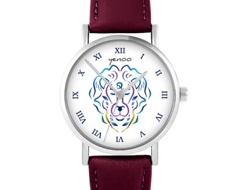 Montre Yenoo - Lion - cuir, bordeaux