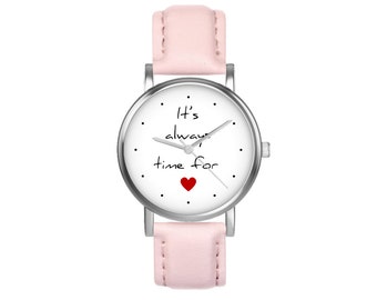 Petite montre - Time for love - cuir, rose poudré