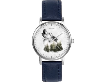 Kleine Uhr - Wolf - Leder, Marineblau